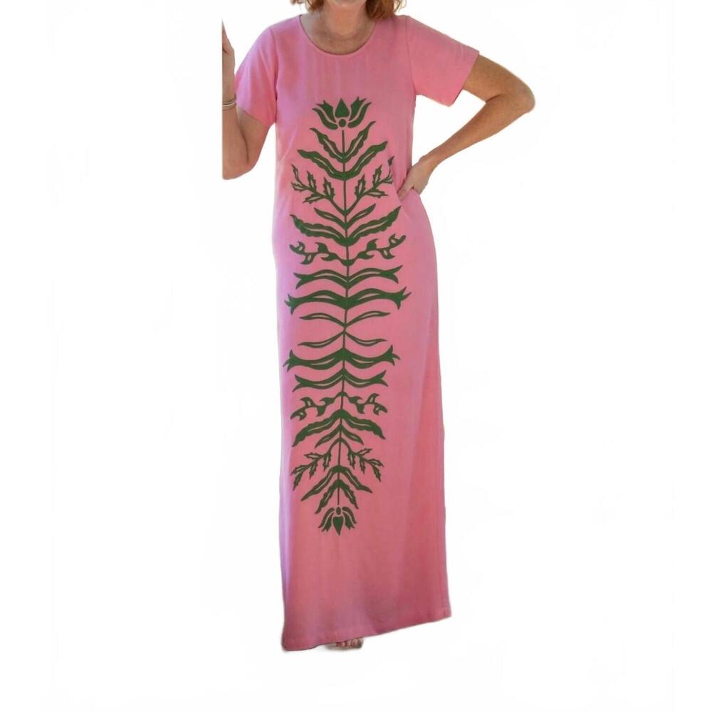 Pink Maxi Dress with Green Botanical Print